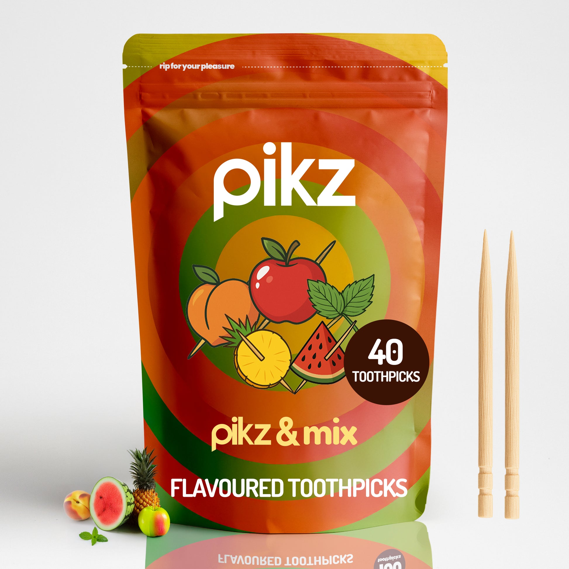 Pikz flavoured toothpicks packaging with toothpicks and fruit illustrations on a white background