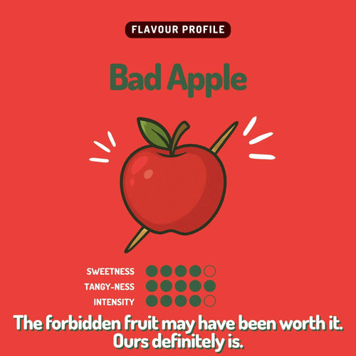 Flavour profile card for 'Bad Apple' pikz apple flavoured toothpicks with an illustration of an apple on a red background.